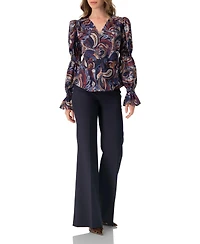 Ivonne Women's V-Neck Printed Shirt With Smocked Sleeves