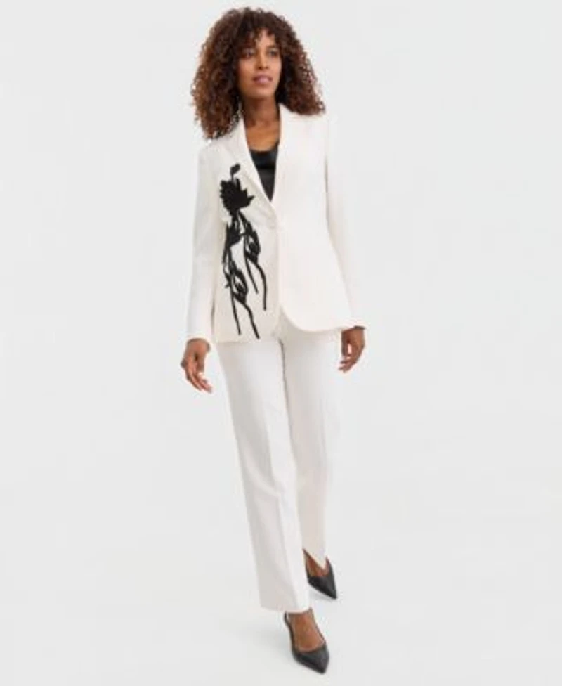 Anne Klein Womens Floral Applique One Button Jacket Mid Rise Pull On Straight Pants