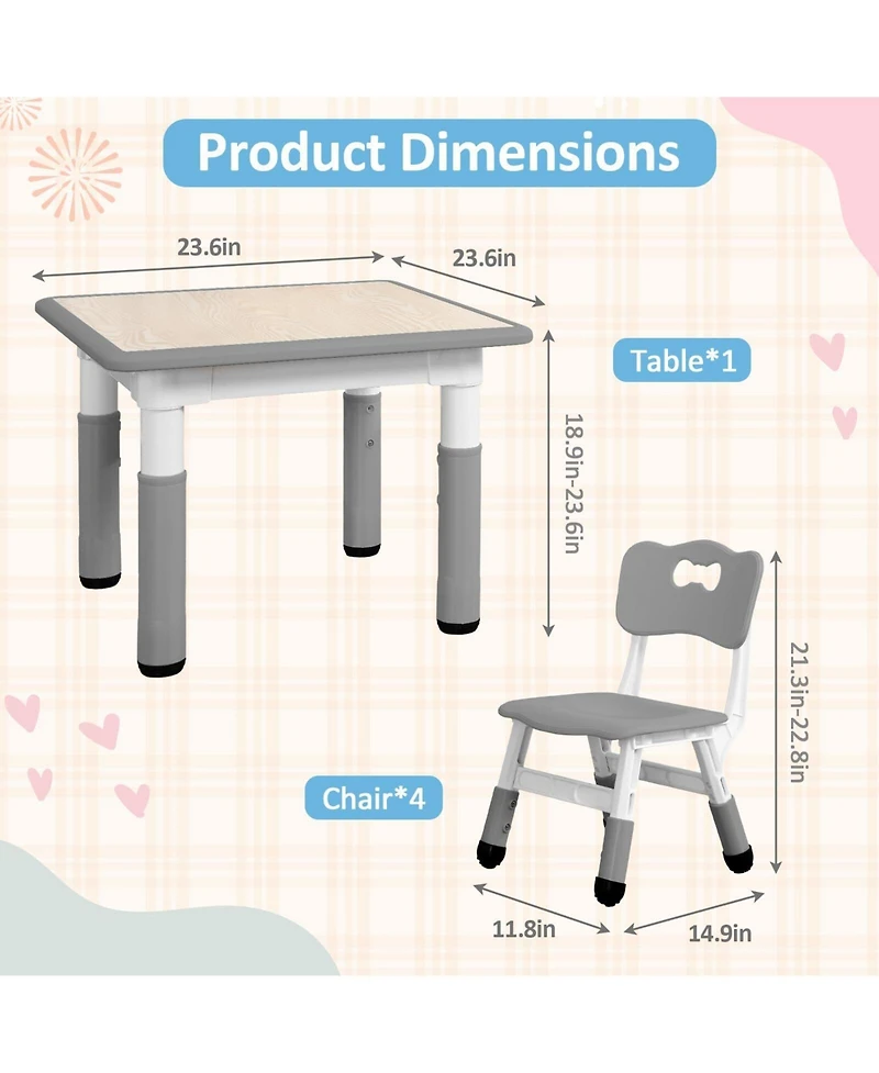 gaomon Kids Table and 4 Chairs Set Height Adjustable Table and Chair Set Boy and Girl Gift for Classrooms/Daycares/Home