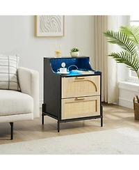 Gaomon Rattan Nightstand with Charging Station and Led Lights, Storage End Table, for Living Room, Bedroom, Dorm