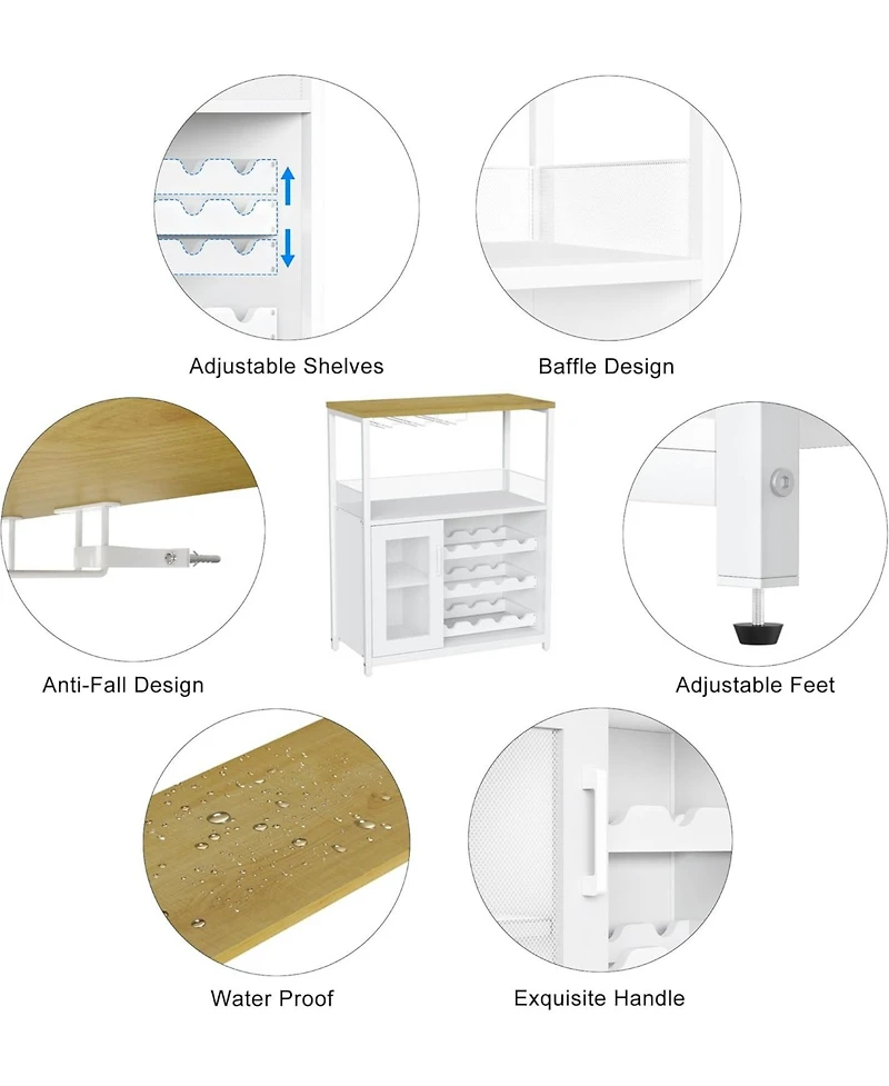 Gaomon Wine Bar Cabinet with Drawer, Shelves, Glass Holder, and Mesh Door, Small Sideboard for Liquor and Glasses