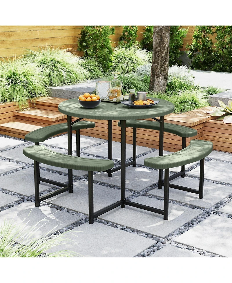 Slickblue Round Picnic Table Set with 4 Benches and Umbrella Hole