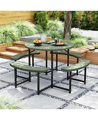 Slickblue Round Picnic Table Set with 4 Benches and Umbrella Hole