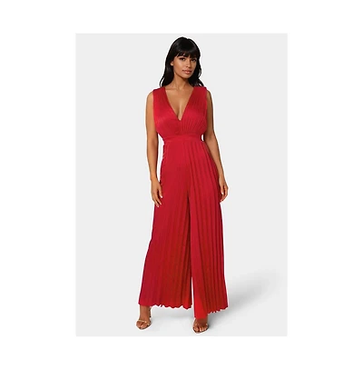 Bebe Women's Bare Deep Vee Pleated Satin Jumpsuit