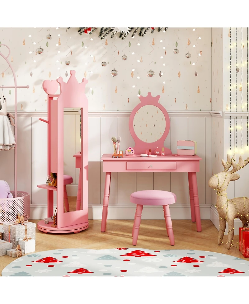 Gymax Kids Vanity Set Princess Makeup Dressing Table &Chair Set w/ Coat Rack