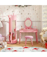 Gymax Kids Vanity Set Princess Makeup Dressing Table &Chair Set w/ Coat Rack