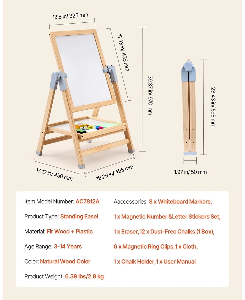 Hongge Kids Wooden Art Easel 2-in-1 Double-Sided with Accessories
