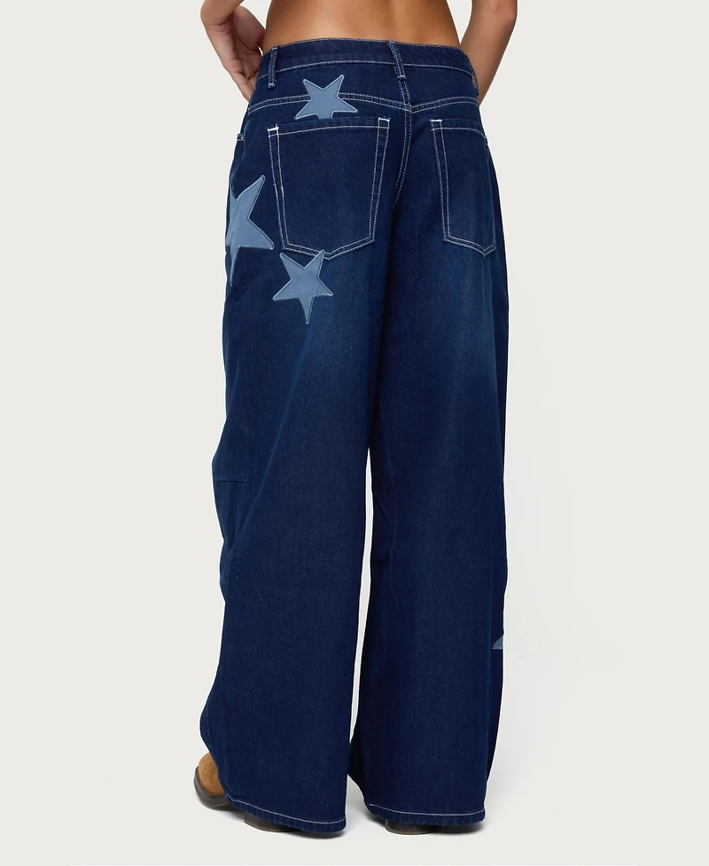 Edikted Women's Trish Satin Effect Stars Low Rise Jeans