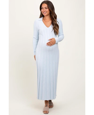 Pinkblush Maternity Light Blue Wide Ribbed Knit Collared Midi Dress