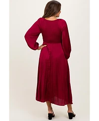 Pinkblush Maternity Burgundy Satin Smocked Pleated Midi Dress