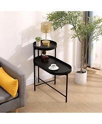 sumyeg Black 2-Tier Side Table with Metal Frame and Wooden Storage