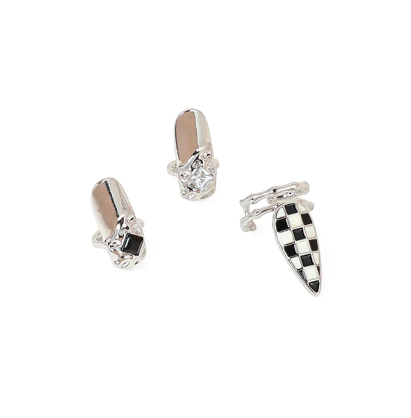 Women's The Bijou-Checks Nail Rings - Metallic Silver (Set Of 3)