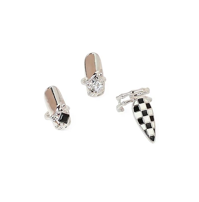 Women's The Bijou-Checks Nail Rings - Metallic Silver (Set Of 3)