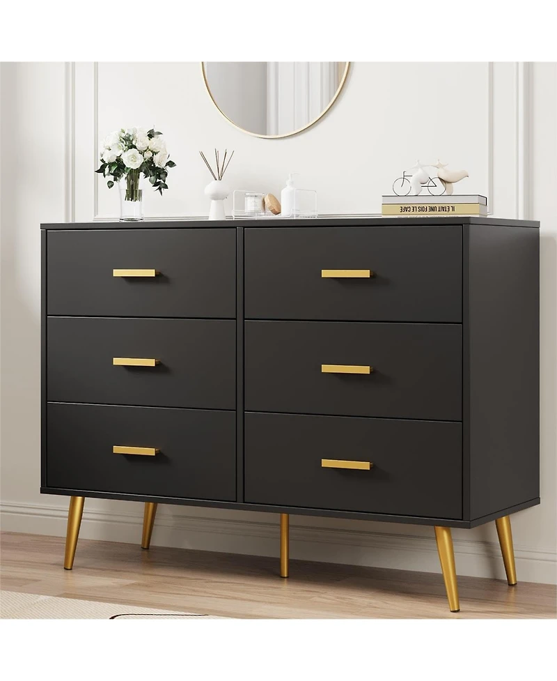 Gaomon White 6-Drawer Wooden Dresser, Modern Storage Chest with Gold Handles and Deep Drawers for Bedroom Living Room Entryway