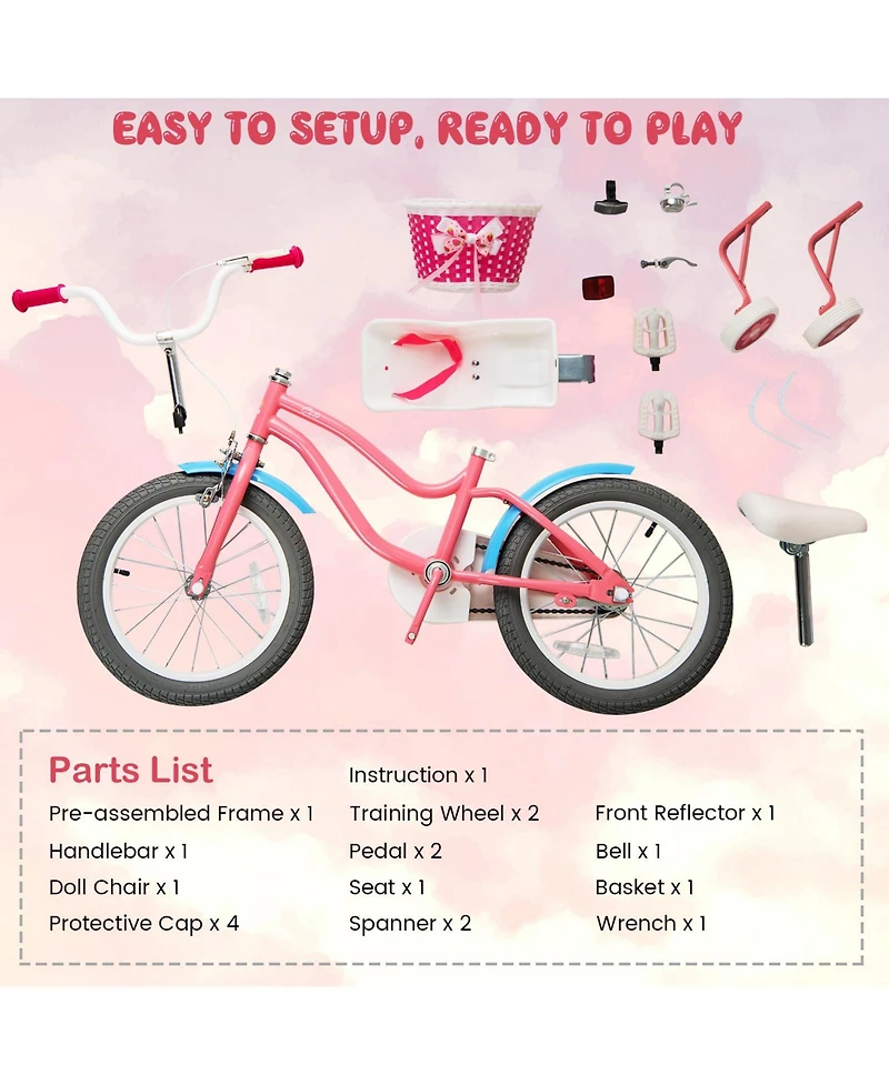 Hongge 16-Inch Girls Bike with Training Wheels, Basket, and Adjustable Seat - Pink