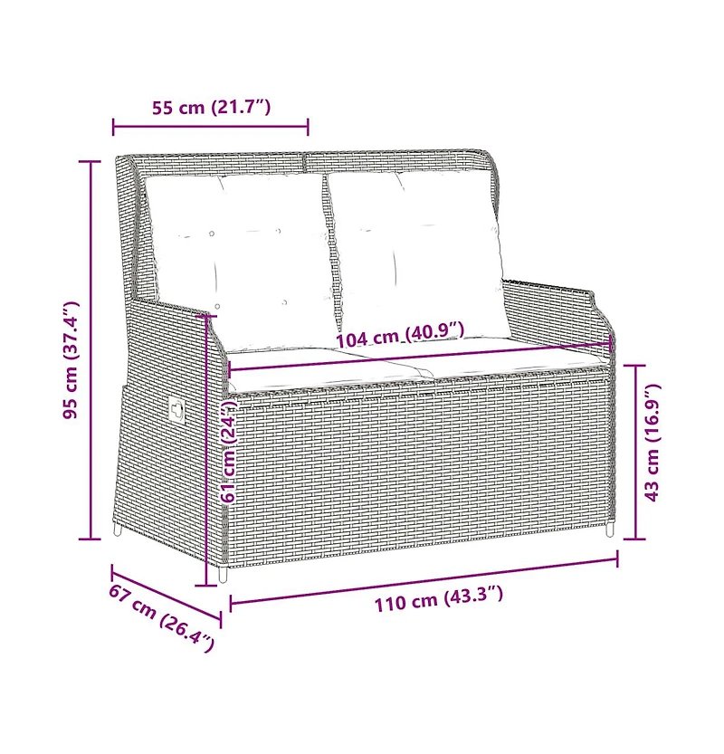 vidaXL Reclining Patio Bench Brown Pe rattan 2-seater Removable Covers