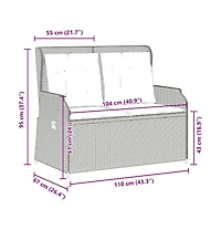 vidaXL Reclining Patio Bench Brown Pe rattan 2-seater Removable Covers
