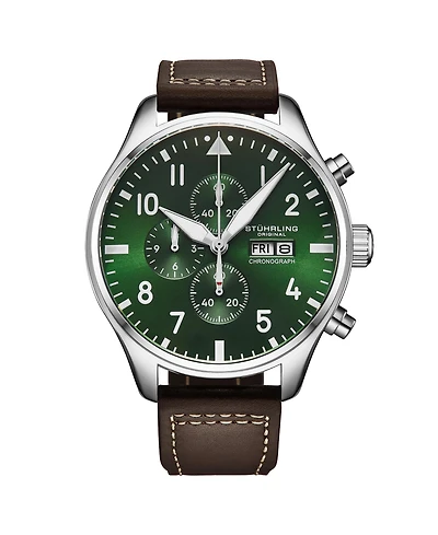 Stuhrling Navigator 4075 Men s 43mm Green Sunray Dial Brown Leather Strap Chronograph Quartz Watch