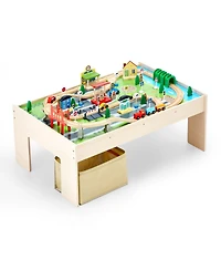 Mecale Train Table, 84 Pcs Wooden Activity Table with Collapsible Bin, 3-in-1 Train Set for Playing, Drawing & Reading, Toy for Kids 3
