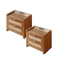 gaomon Rattan Nightstand Set of 2, Bedside Table with Type-c Charging Station - 2 Storage Drawer Space, Boho End Side Table, Walnut Brown