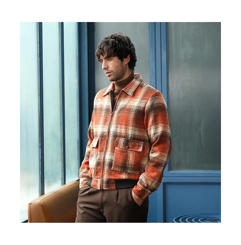 Campus Sutra Men's Burnt Sienna Zip-Front Plaid Jacket.