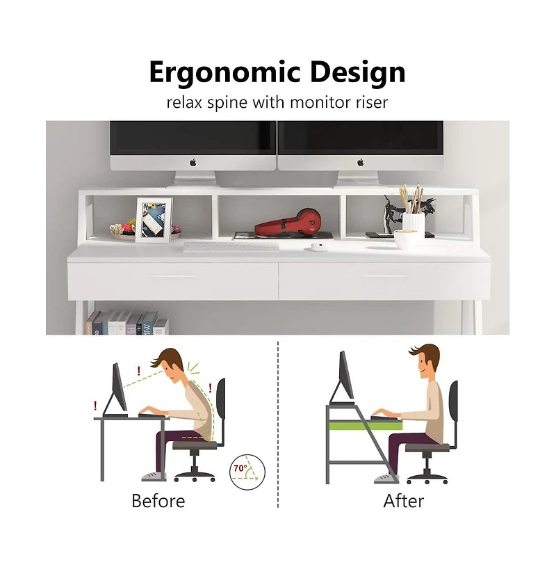 Tribesigns White Computer Desk with Storage Shelf & Drawers, Modern 47 inch Office Writing Desk Study Table with Monitor Stand