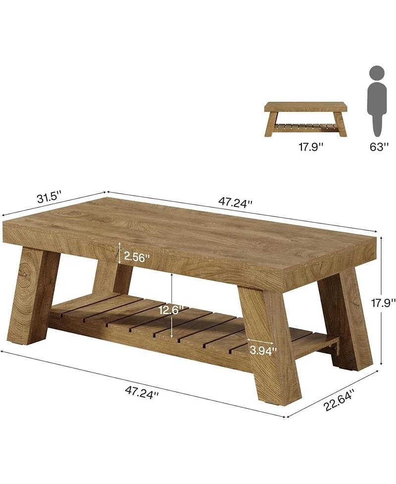 Tribesigns Rectangular Coffee Table, 47.24" Farmhouse Wood Center Tables for Living Room,Brown