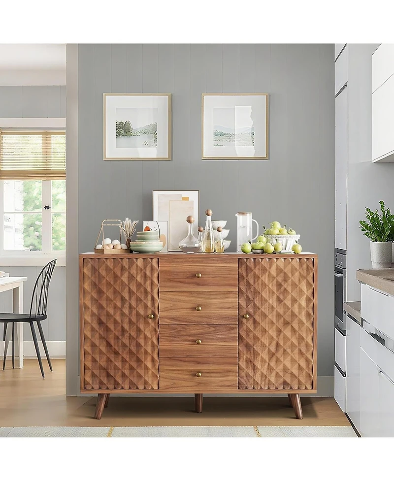 Gaomon Sideboard Cabinet with 4 Drawers, Buffet Cabinet with Storage,Mid Century Modern Sideboards with 2 Door, Kitchen, Dining, Living Room, Brown