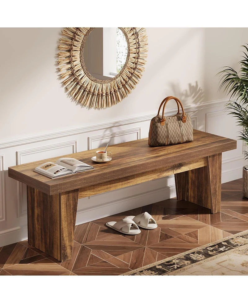 Tribesigns 55" Wooden Entryway Bench, Farmhouse Long Entry Seat, Indoor End of Bed Stool with Storage Capability, Dark Brown