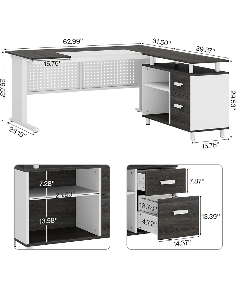 Tribesigns 63" L-Shaped Executive Desk with File Cabinet, Drawers & Storage Shelves – Office Desk
