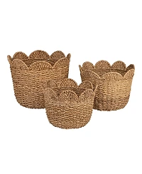 Storied Home Braided Bankuan and Rattan Baskets with Scalloped Edge, Natural, Set of 3