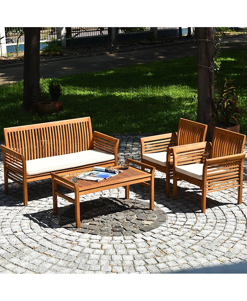 Costway 8 Pcs Outdoor Acacia Wood Sofa Furniture Set Cushioned Chair Coffee Table Garden