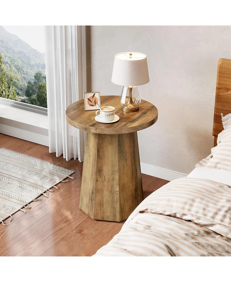 Tribesigns Farmhouse Round End Table, Wooden Couch Side Table with Octagonal Base