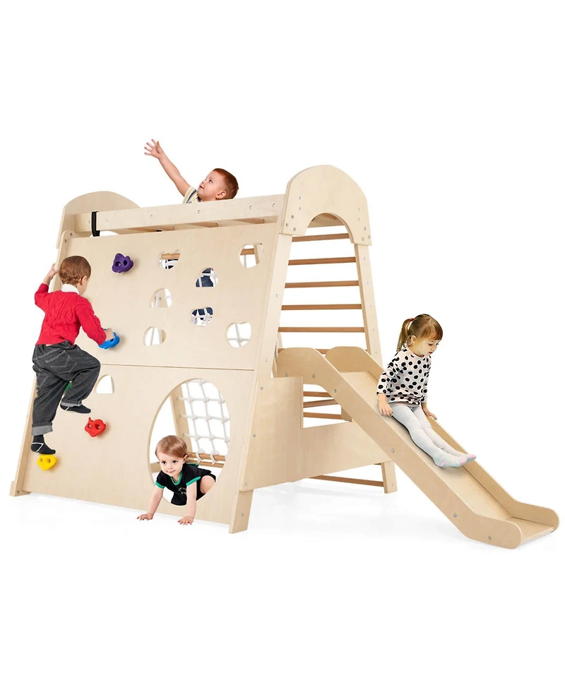 8-in-1 Indoor Jungle Gym Wooden Playground with Climbing Wall, Net, Ladder