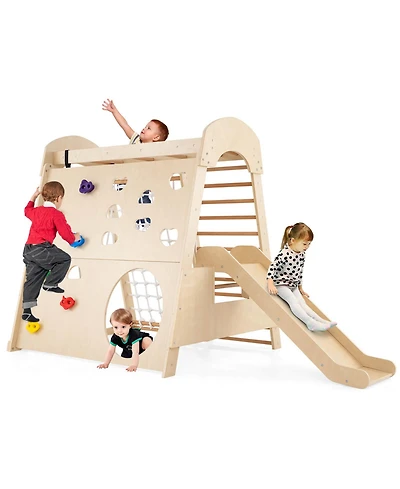 8-in-1 Indoor Jungle Gym Wooden Playground with Climbing Wall, Net, Ladder