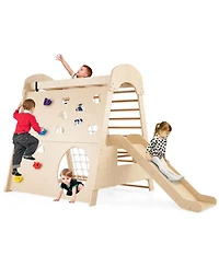 8-in-1 Indoor Jungle Gym Wooden Playground with Climbing Wall, Net, Ladder