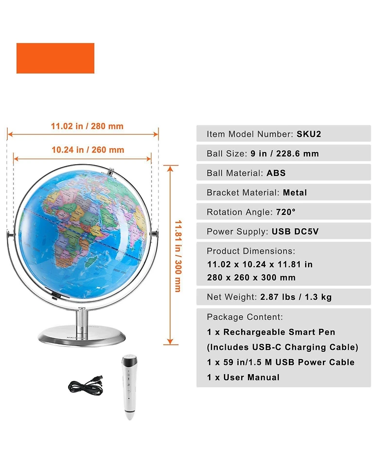 Sugift Talking World Globe 9" Interactive Educational Globe with Talking Pen