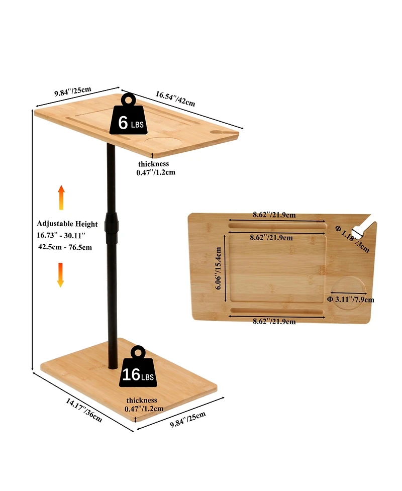 sumyeg Adjustable Bamboo C-Shaped Couch Tray Table with 2-Tier Rectangle Design