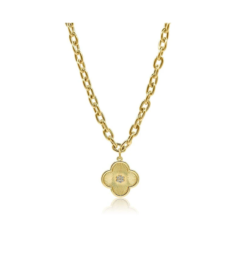 Bowood Lane 25mm Clover Charm with Micro Pave Cz Center On A Gold Plated Oval Chain Necklace