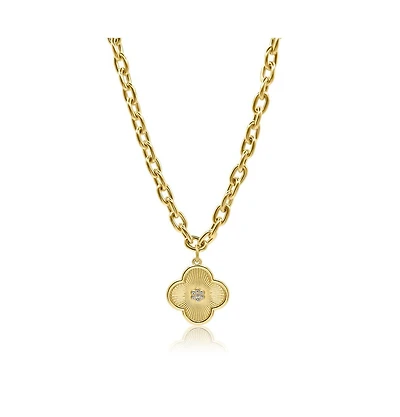 Bowood Lane 25mm Clover Charm with Micro Pave Cz Center On A Gold Plated Oval Chain Necklace