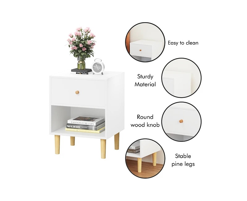 sumyeg Wooden Nightstand with One Drawer One Shelf in White