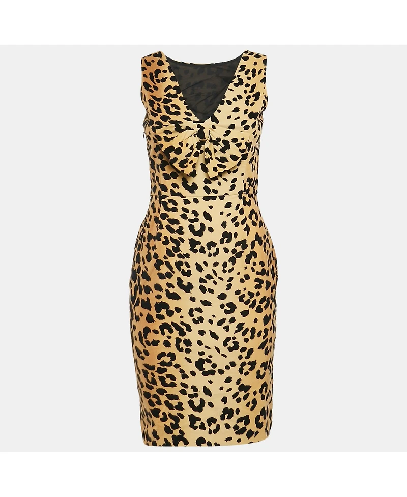 Pre-Owned Love Moschino Women's Brown Leopard Print Velour Bow Detail Short Dress