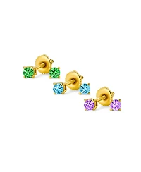 Bling Jewelry Classic Set of 3 Tiny Multi-color Cz Cubic Zirconia Stud Earrings Gold Plated Sterling Silver Screwback Posts