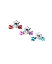 Bling Jewelry Classic Set of 3 Tiny Multi-color Cz Cubic Zirconia Stud Earrings Gold Plated Sterling Silver Screwback Posts