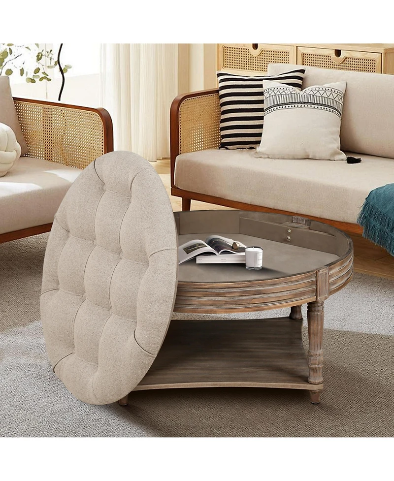 sumyeg Farmhouse Round Ottoman Coffee Table with 2-Tier Storage and Waterproof Linen
