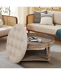 sumyeg Farmhouse Round Ottoman Coffee Table with 2-Tier Storage and Waterproof Linen