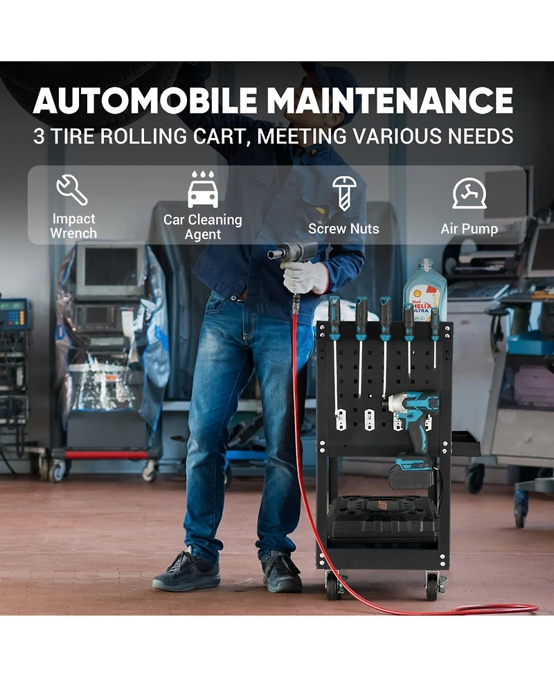 Ldhthopi 3 Tier Rolling Tool Cart All Metal Utility Cart with Wheels 330 lb Capacity and Storage Shelves for Garage or Workshop