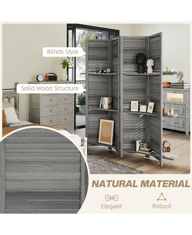 Homcom Blinds Style 4-Panel Folding Privacy Screen Room Divider 3 Shelves Wooden