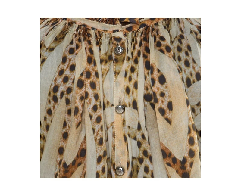 Pre-Owned Roberto Cavalli Women's Beige Leopard Printed Cotton Ruched Neckline Poet Blouse