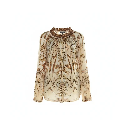 Pre-Owned Roberto Cavalli Women's Beige Leopard Printed Cotton Ruched Neckline Poet Blouse